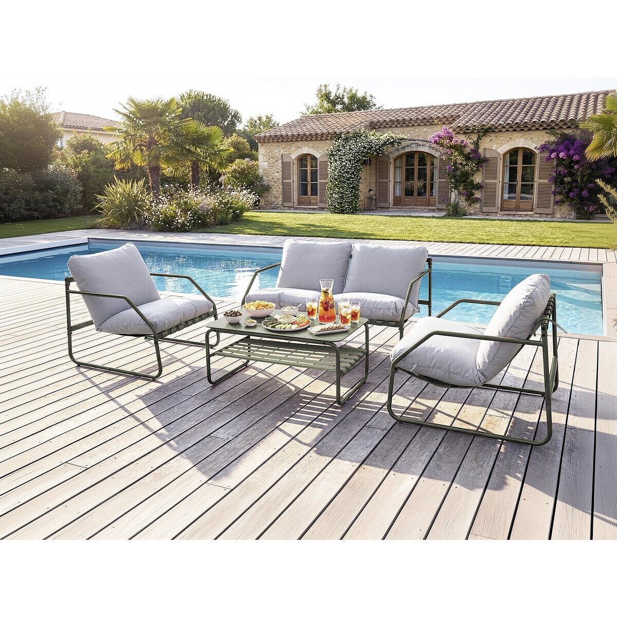 Salon de jardin en métal avec coussins "Sora" - 4 places - Vert