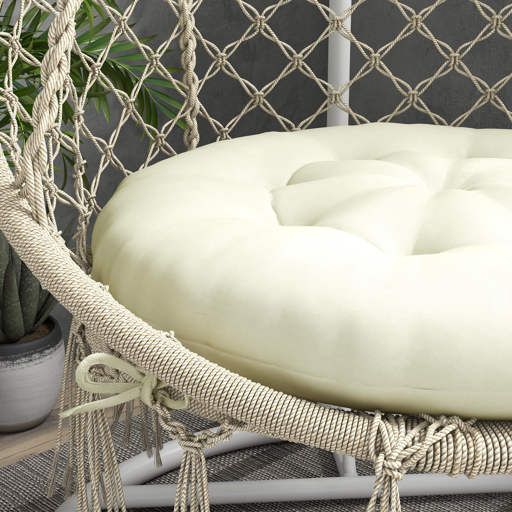 Coussin de chaise de jardin - coussin rond capitonné Ø 80 x 10H cm avec attaches - polyester blanc cassé