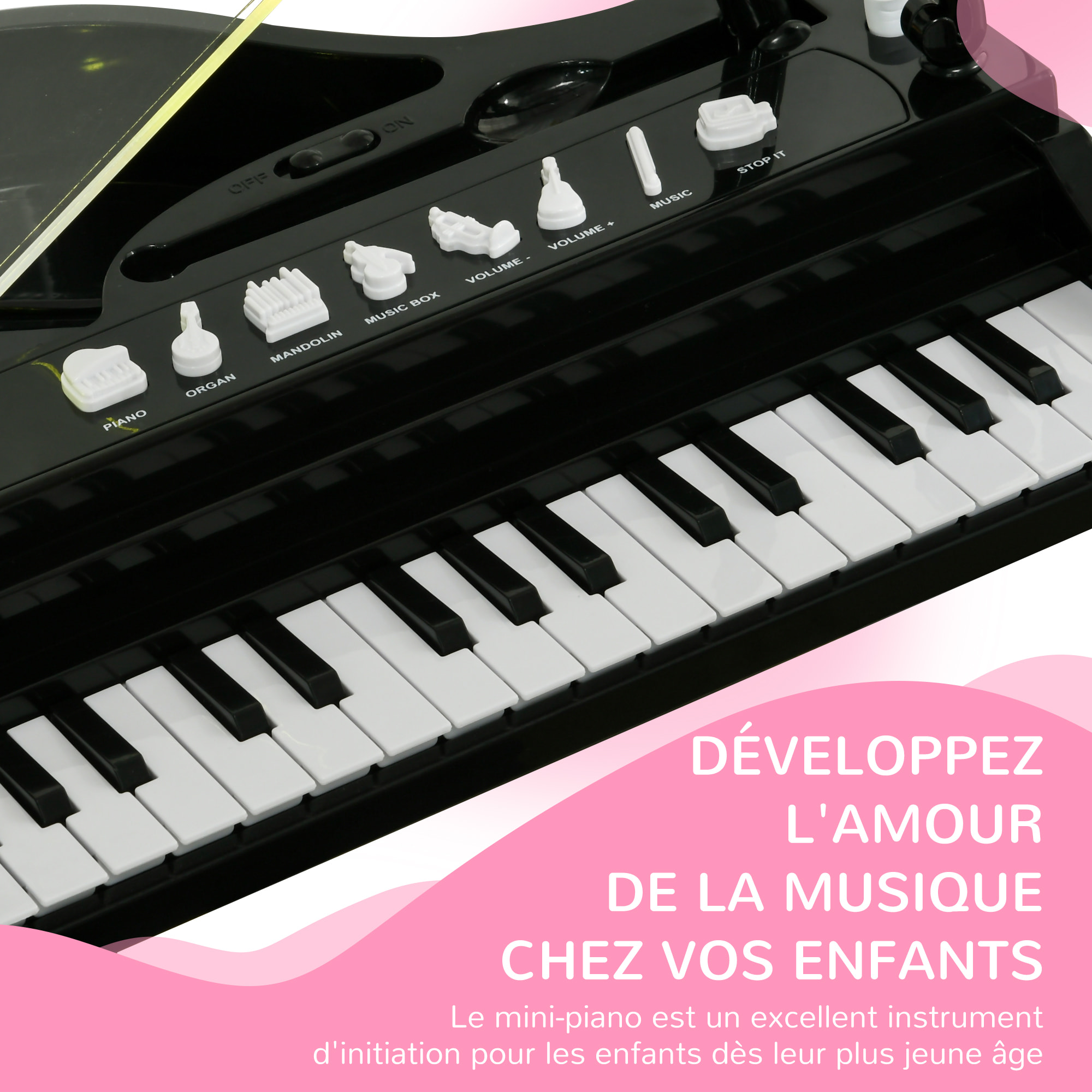 Jouet musical piano électronique - tabouret, micro et support - clavier 37 touches, effet lumineux, nombreux modes - PP noir