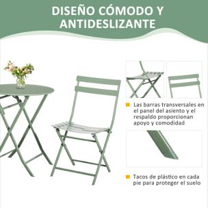 Conjunto de Muebles de Jardín Plegable Juego de 1 Mesa Redondo y 2 Sillas de Terraza con Marco de Acero y Respaldo para Balcón Patio Verde Oscuro