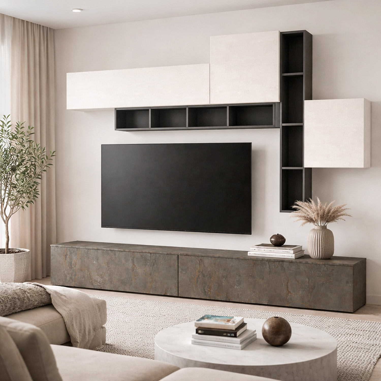 Parete Attrezzata Soggiorno Con Librerie Basi A Ribalta Pensili Push-Pull Mobile TV Moderno Reversibile 200 x 276 x 39.6 Cm Grafite Ossidata E Bianco