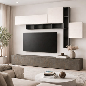 Parete Attrezzata Soggiorno Con Librerie Basi A Ribalta Pensili Push-Pull Mobile TV Moderno Reversibile 200 x 276 x 39.6 Cm Grafite Ossidata E Bianco