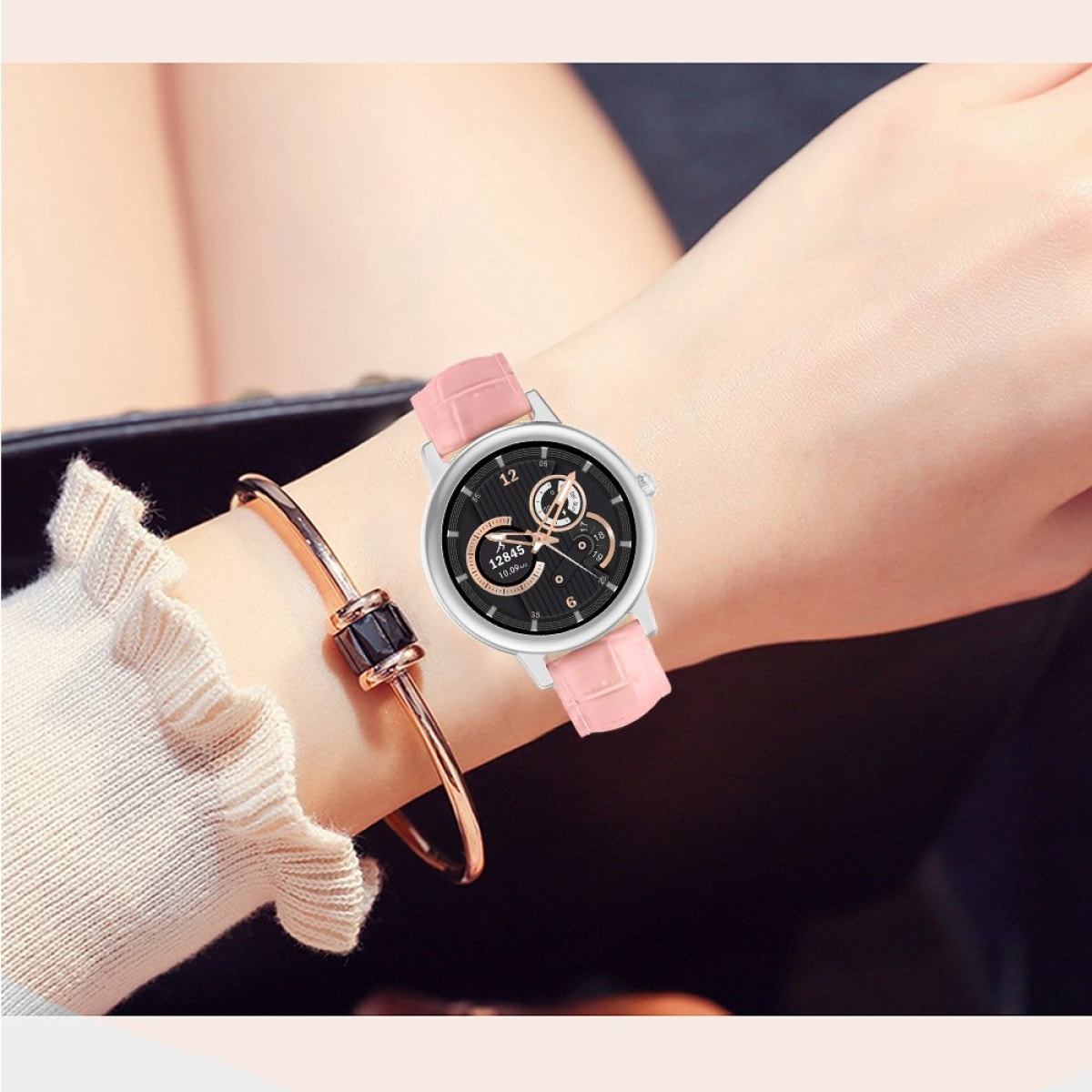 Montre connectée Bluetooth contrôle de musique, podométre - Bracelet Rose façcon croco