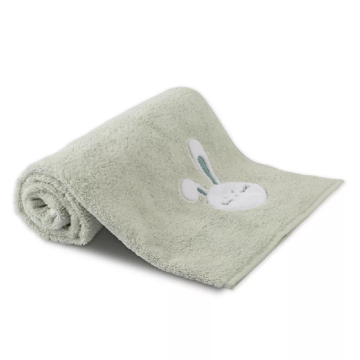 Drap de douche enfant pur coton 500 g/m² brodé vert Petit lapin vert d'eau