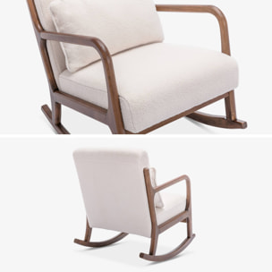Fauteuil à bascule design en bois et tissu. bouclettes blanches. structure hévéa teinté noyer foncé