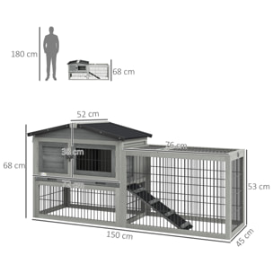 Clapier cage à lapins cottage - niche haute, rampe, enclos extérieur - plateau excrément, toit ouvrant, 2 portes verrouillables - bois gris