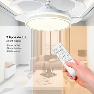 Ventilatore da soffitto 8808, 120 cm, pale retrattili. Motore DC da 36 W, luci LED dimmerabili da 60 W, 6 velocità, modalità inverno/estate. Controllabile tramite telecomando o app per dispositivi mobili.