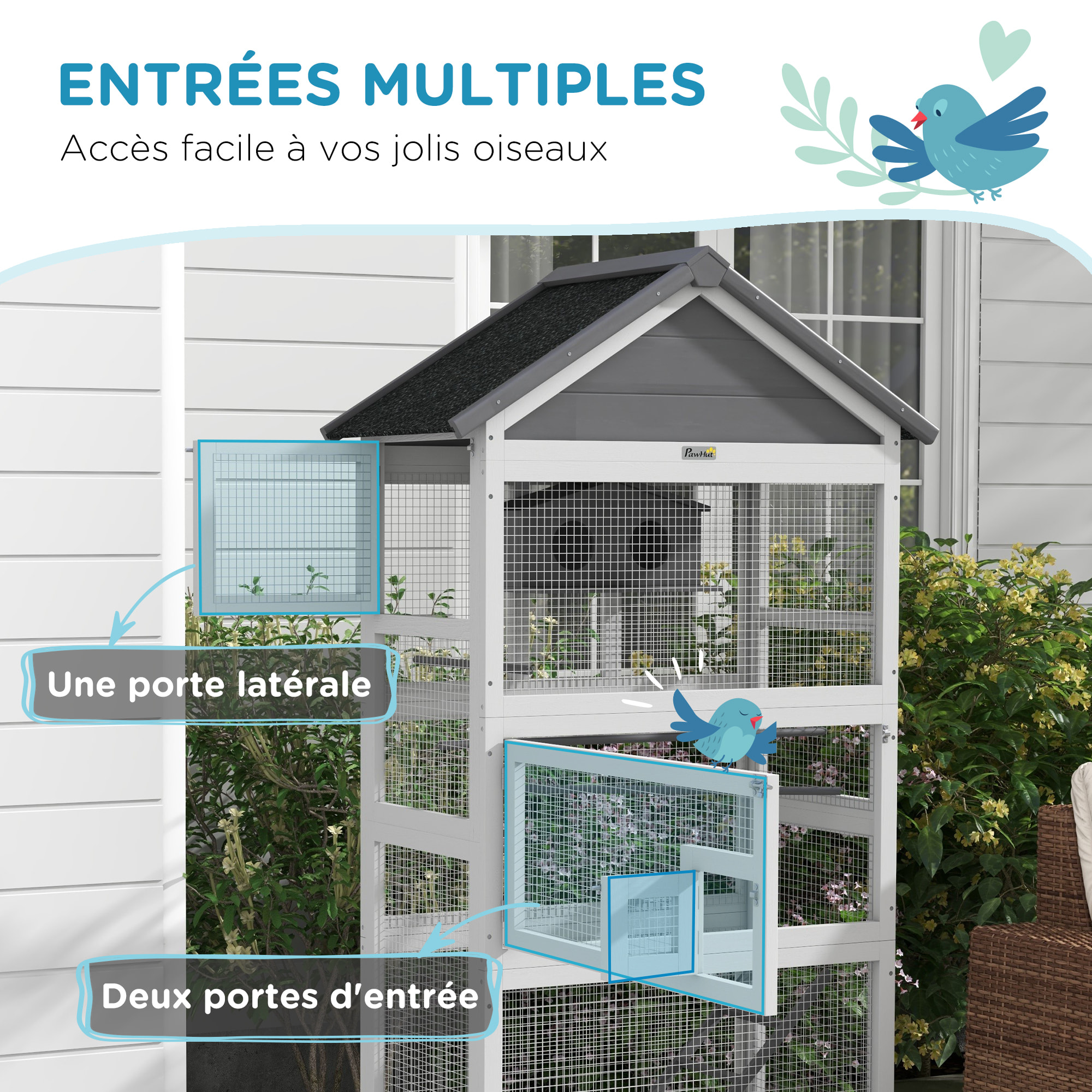 Volière grande cage à oiseaux en bois - 3 portes, toit bitumé double pente, échelle, perchoirs, nichoir, plateau - gris