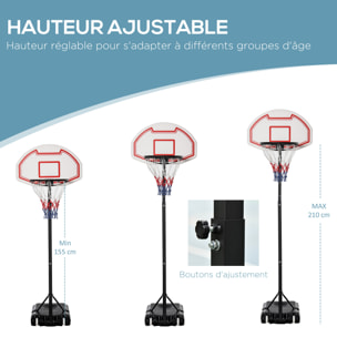 Panier de Basket-Ball sur pied avec poteau panneau, base de lestage sur roulettes hauteur réglable 1,9 - 2,5 m noir blanc