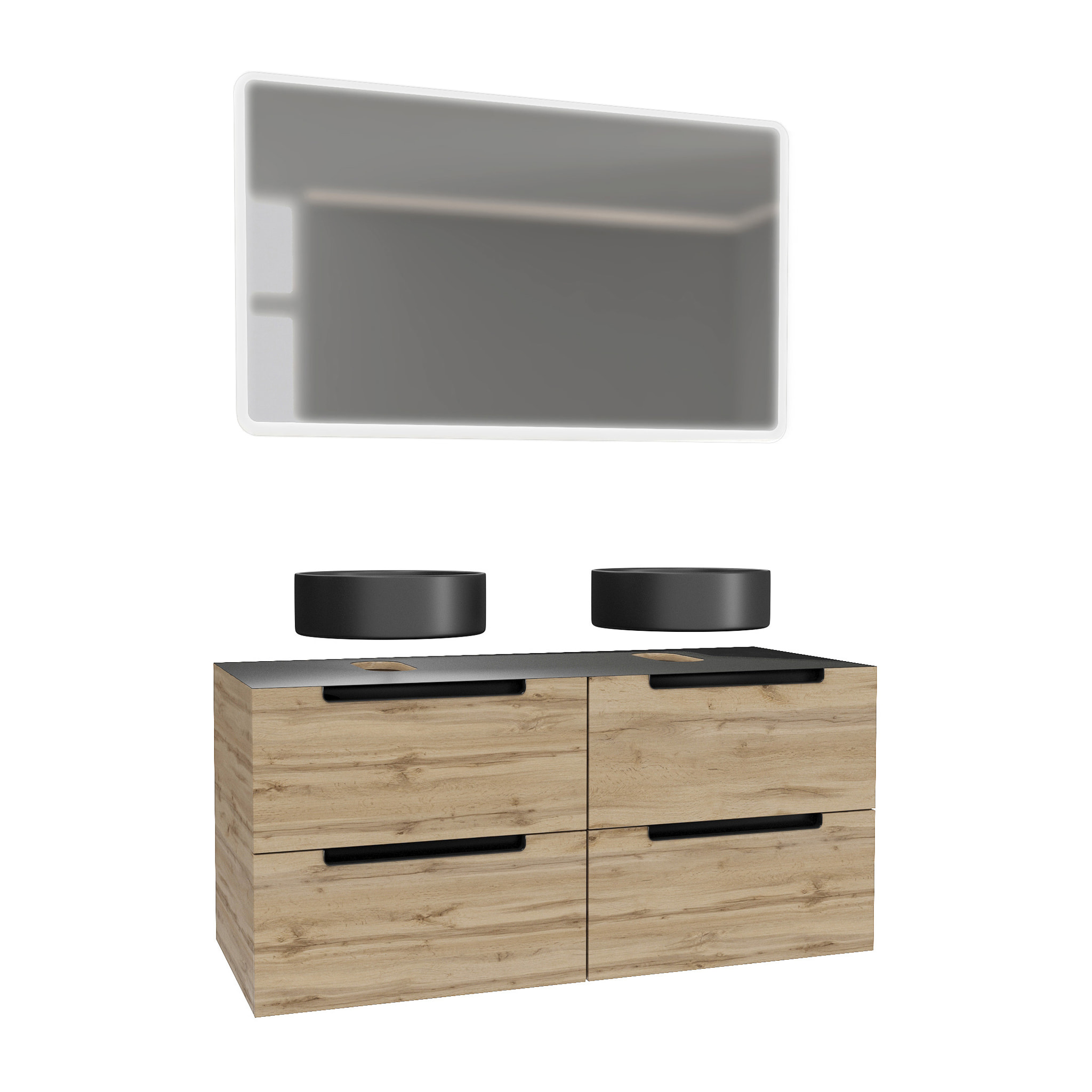 Meuble salle de bains 120cm Chene et noir, Vasques rondes Diam 36cm et Miroir Led 120x70 - OMEGA