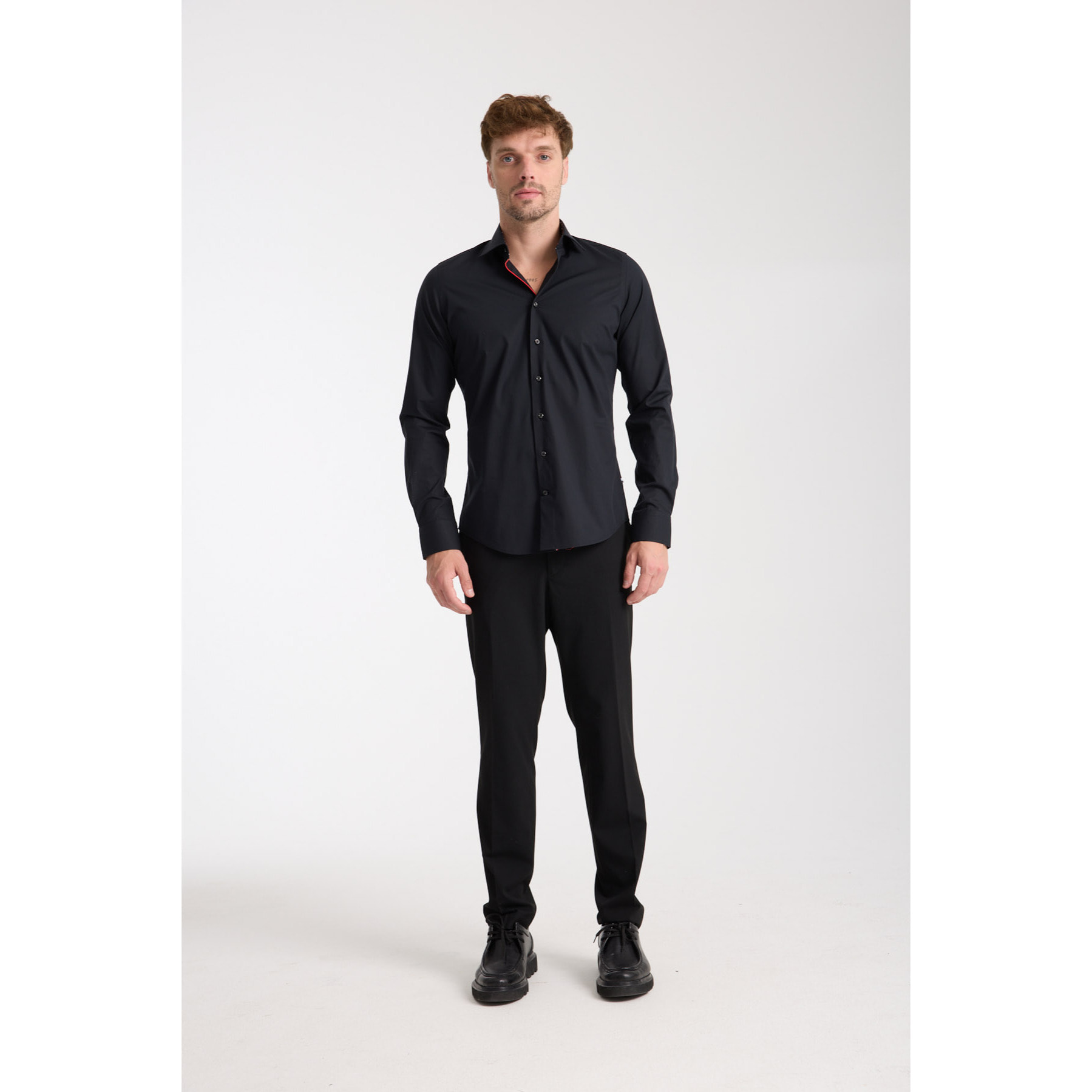 Camicia Uomo 1 Bottone Francese Slim Popeline Stretch Unito Nero