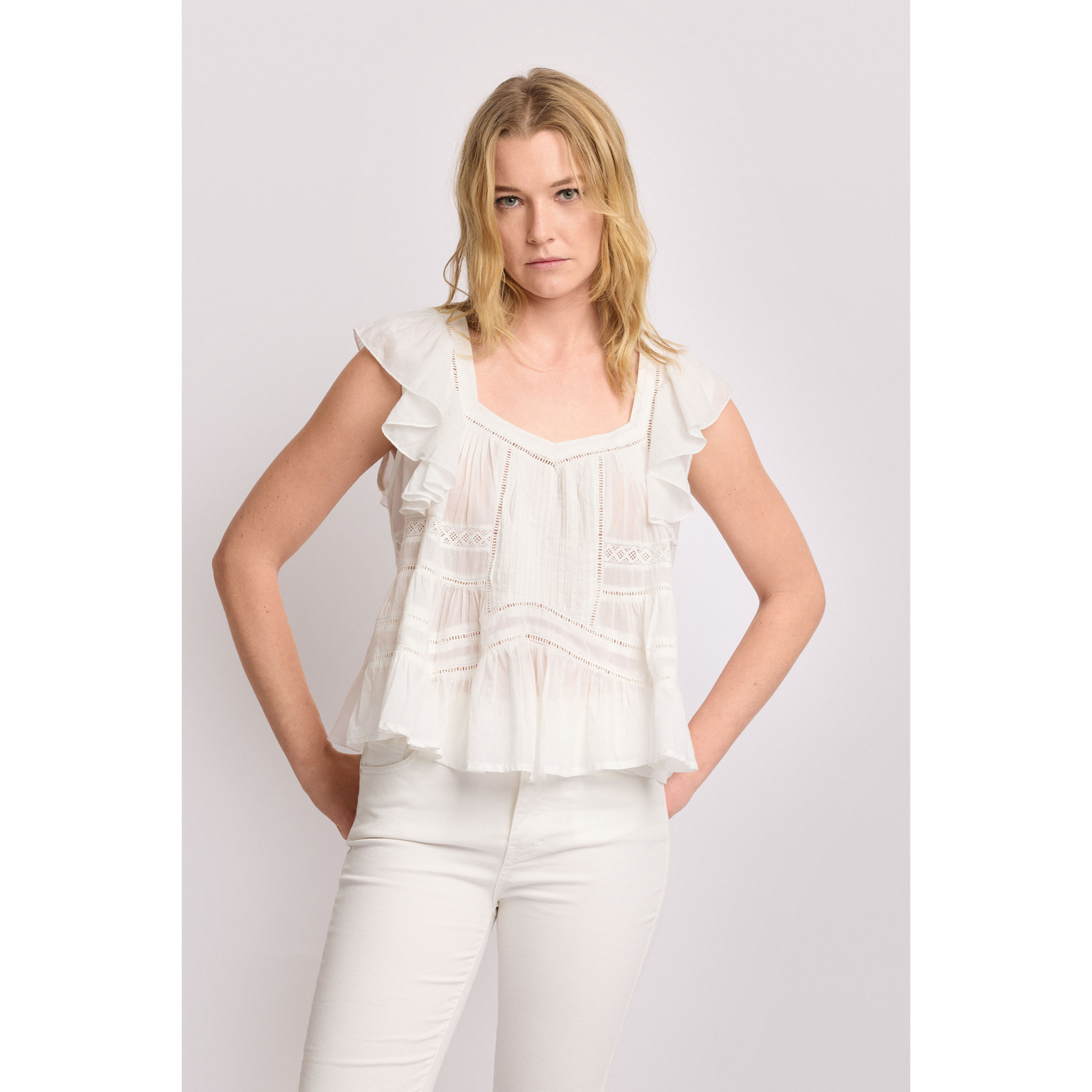 Kocca - Top con balze e inserti in pizzo Donna, Tinta unita, Scollo a cuore