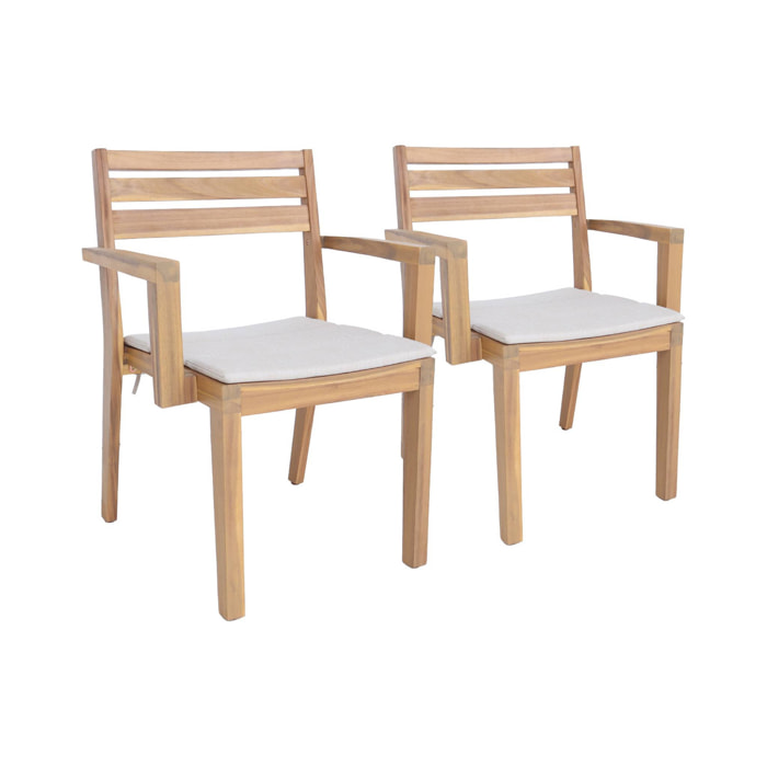 Lot de 2 fauteuils de jardin beige MERINA bois d'acacia avec coussin. 59 x 55 x 81 cm