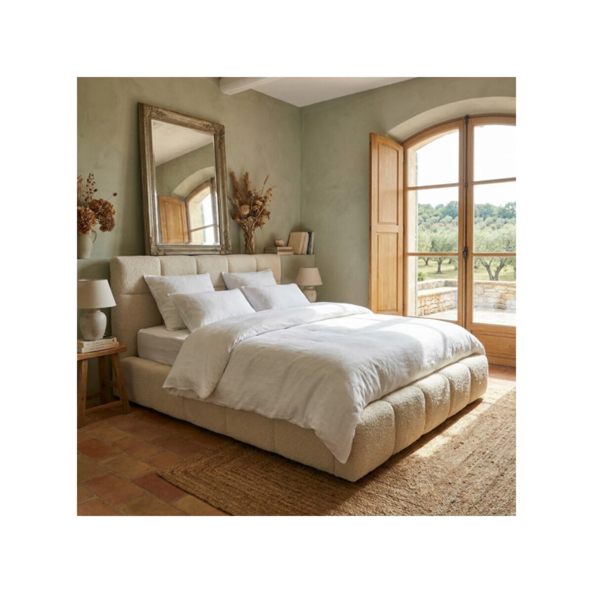 Lit coffre 140 x 200 cm tissu capitonné bouclette beige - FLUF