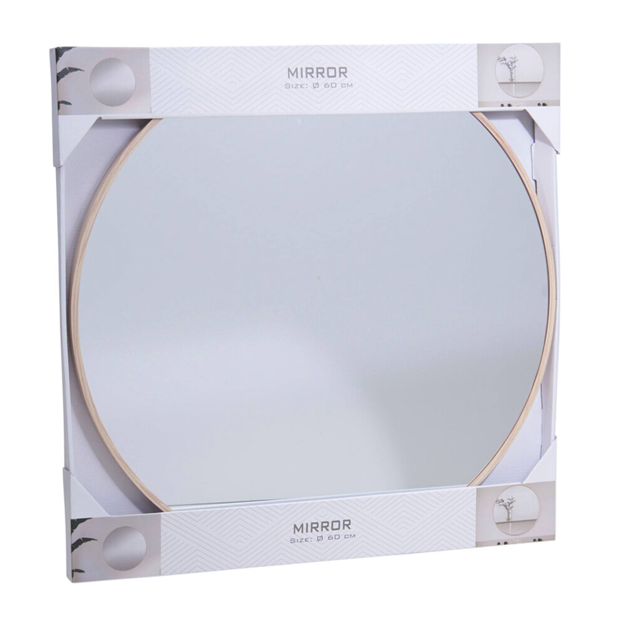 WELL HOME Espejo redondo Ø60cm marco de madera clara, con gancho trasero, ideal para recibidor o baño