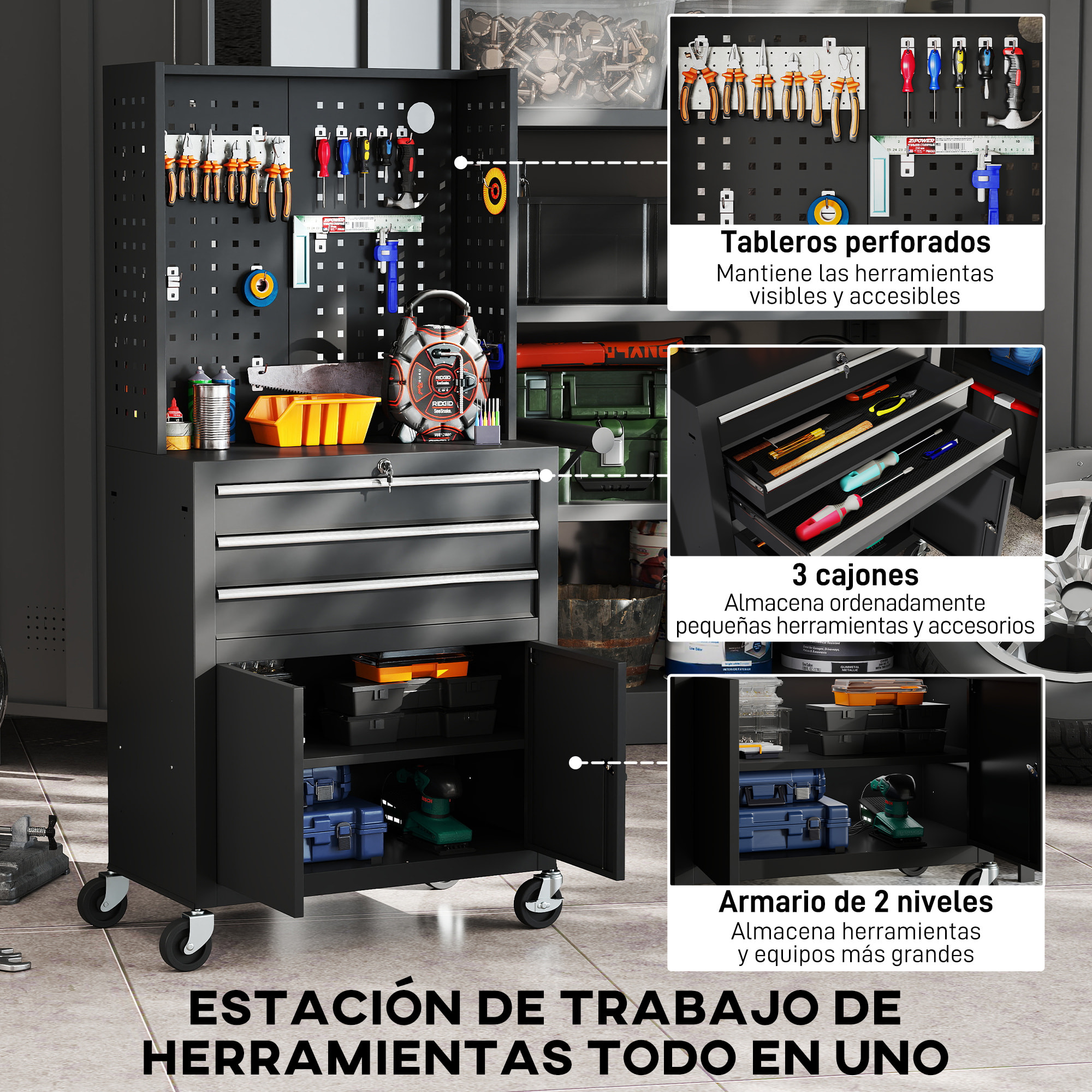 Carro de Herramientas con 3 Cajones y Tabla de Pegboard, Carro de Taller, Cerradura por Llave, Estante Ajustable, 2 Ruedas con Freno de Bloqueo, Negro