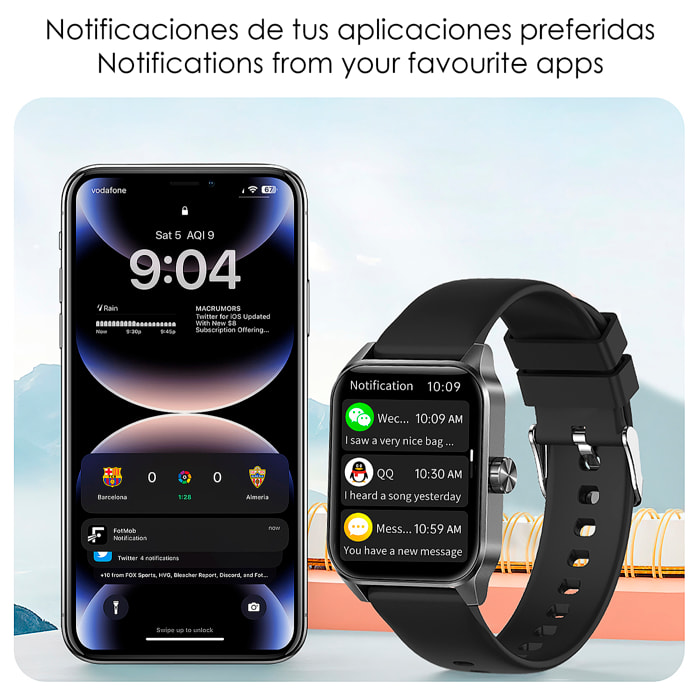Smartwatch Qx15 con schermo da 1,85". Chiamate Bluetooth, oltre 100 modalità sportive, monitoraggio della frequenza cardiaca e dell'ossigeno nel sangue.