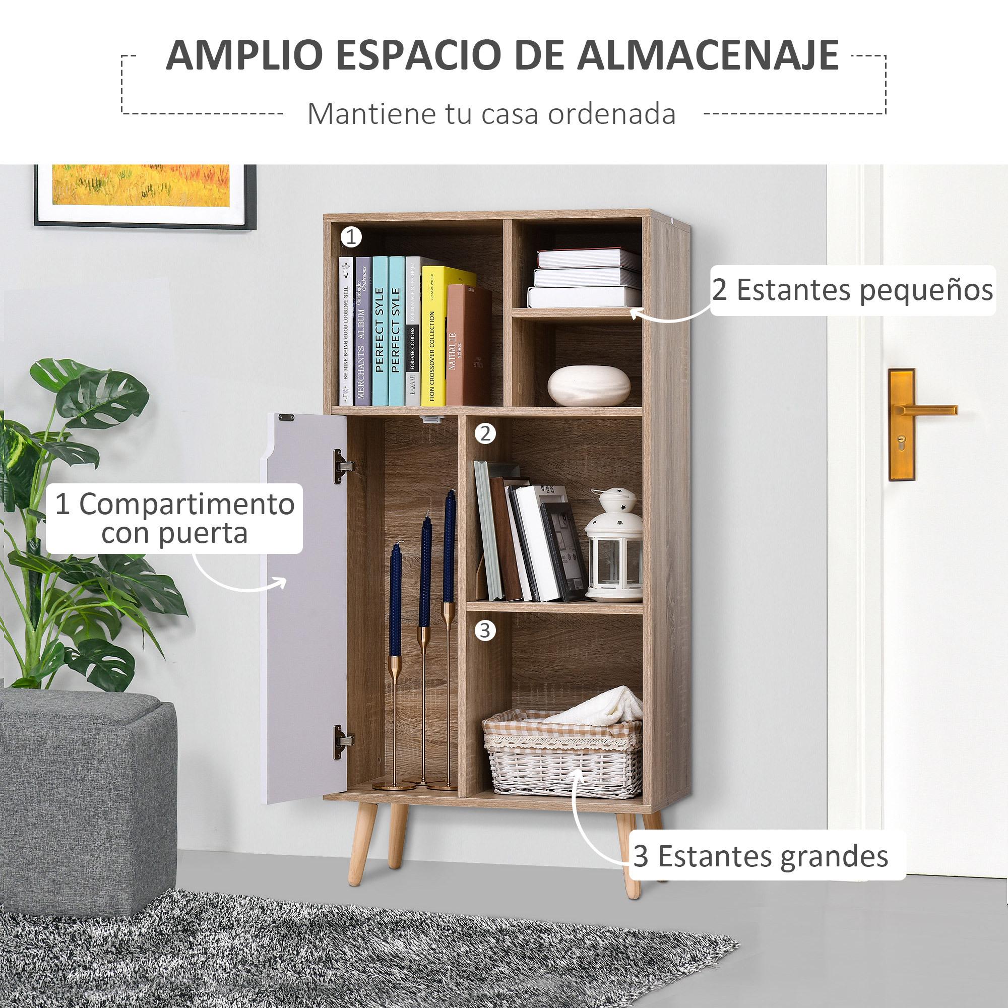 Mueble Aparador Alto Armario Auxiliar de Salón con 5 Compartimentos y 1 Puerta Multiusos para Comedor Cocina Dormitorio 60x30x121 cm Roble y Blanco