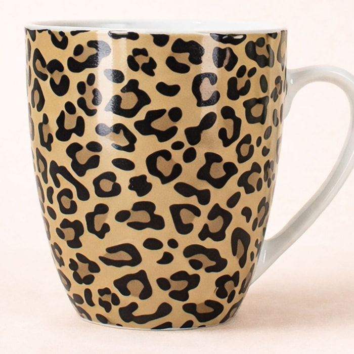 Lot de 6 mugs 35cl en porcelaine beige à motif léopard ANIMALS