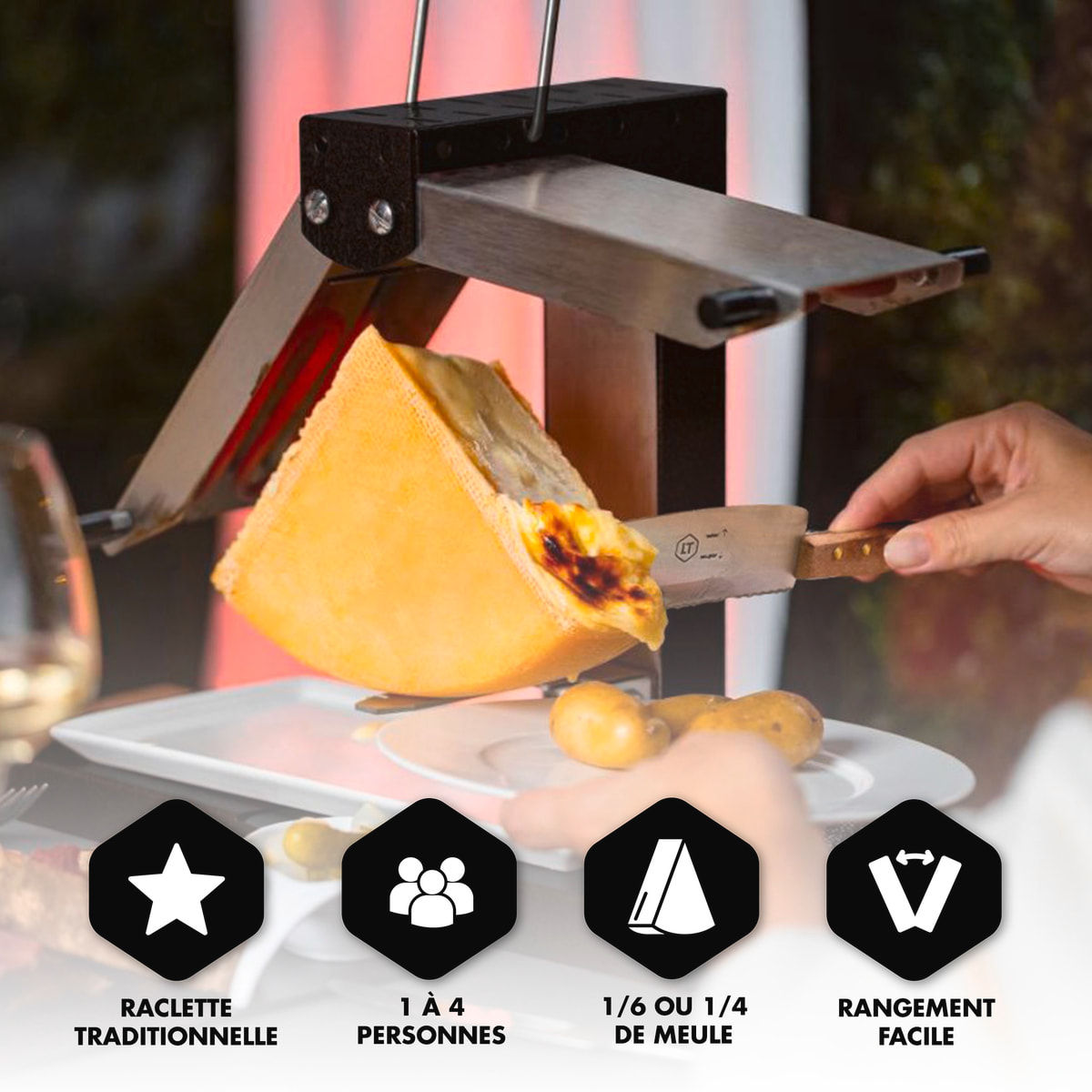 Appareil à raclette traditionnel Brézière® PREMIUM - Noir Poignées bois - Couteau inclus - 1/4 ou 1/6 meule - 230V 1000W