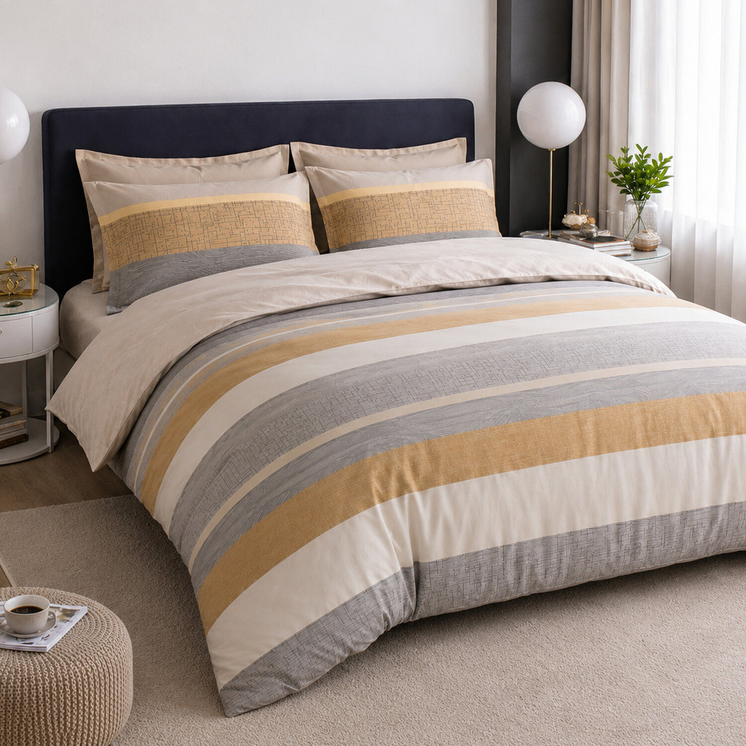 Parure housse de couette 100% percale de coton - rayures gris beige
