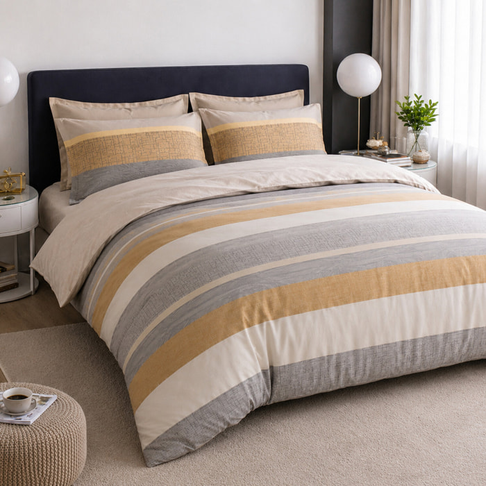 Parure housse de couette 100% percale de coton - rayures gris beige