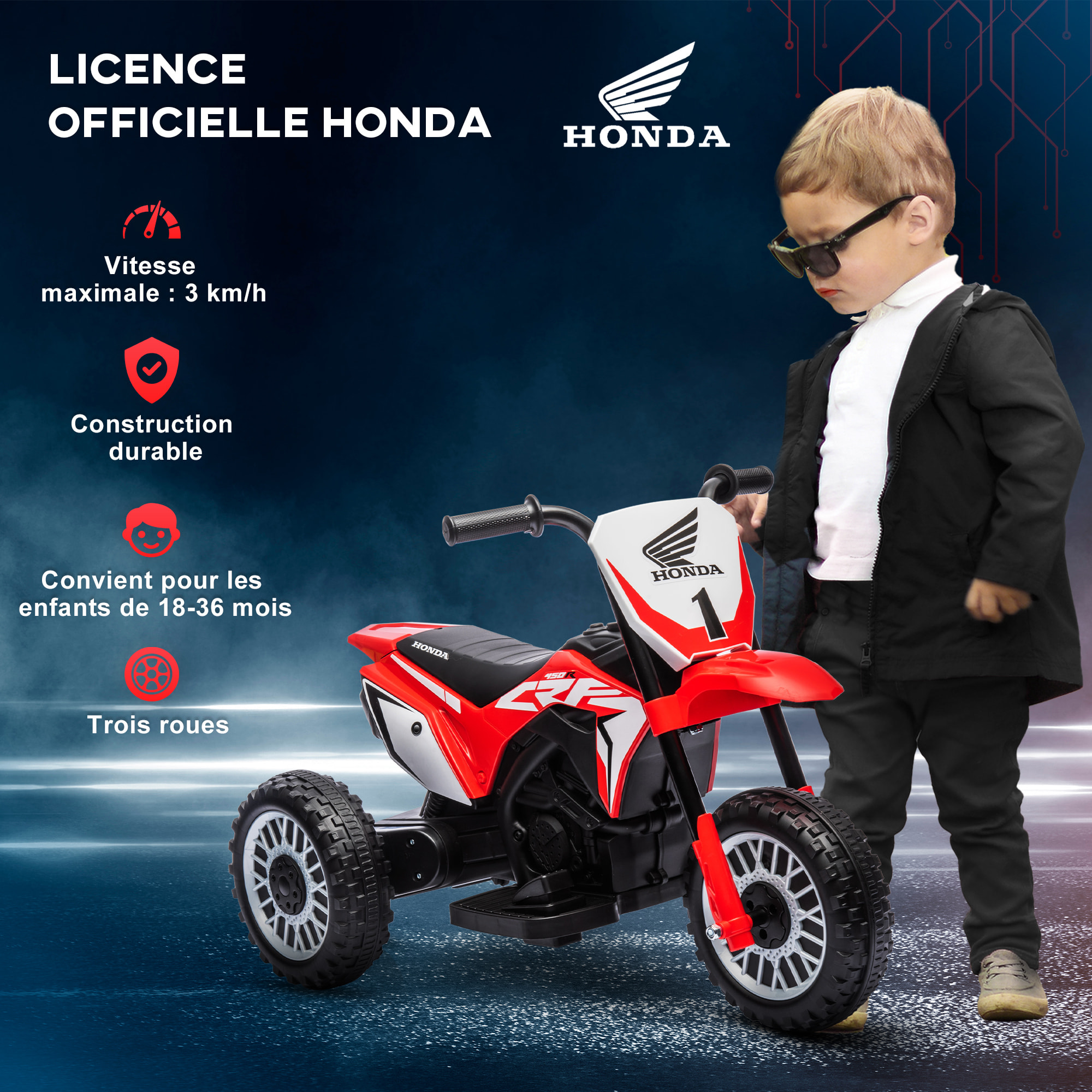 Moto Cross électrique enfant 3 roues licence officielle Honda CRF 450 R V. max. 3 Km/h fonctions sonores rouge