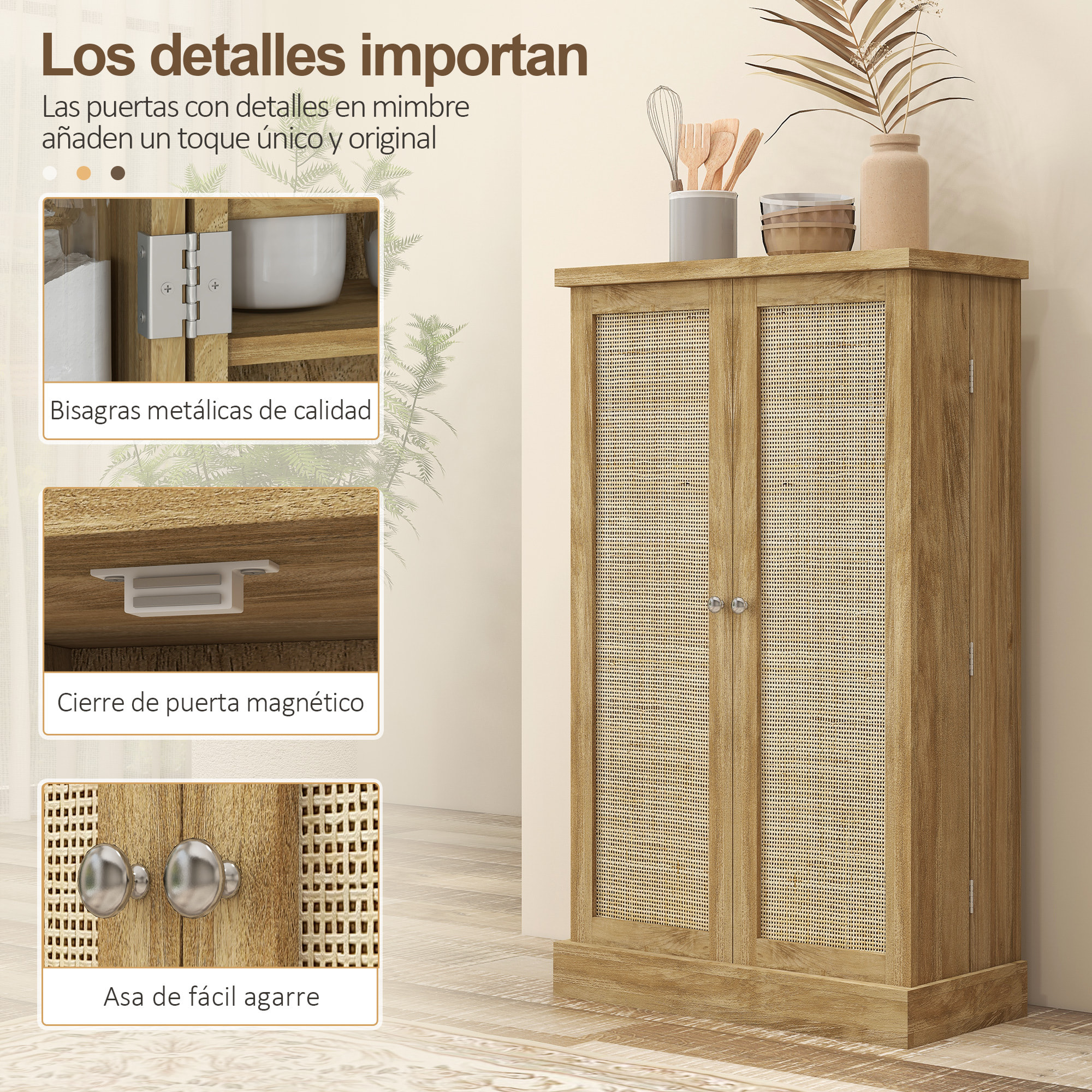 Armario de Cocina Armario Despensa Cocina con 2 Puertas de Ratán y 16 Estantes Alacena Moderna con Estantes Ajustables para Comedor Salón 60x30x104 cm Natural