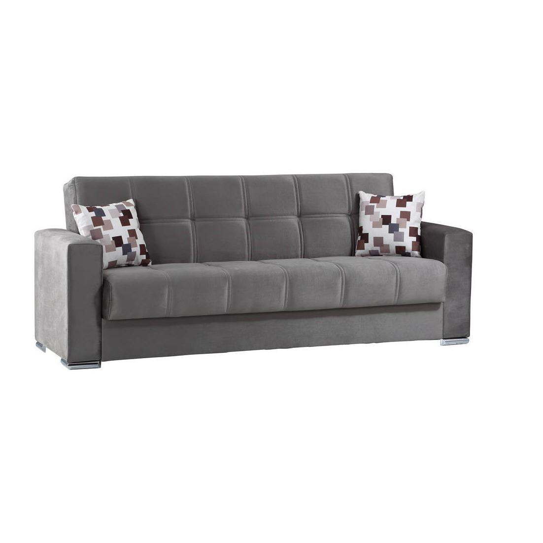 Divano letto Francisco, Divano letto contenitore a 3 posti lineare, Sofà da soggiorno in tessuto imbottito con apertura click-clack, 226x85h91 cm, Grigio