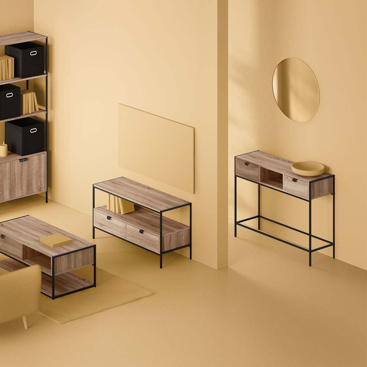 Console 2 tiroirs - Effet bois Noir Aliaj