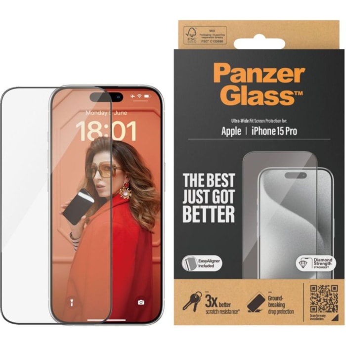 Protège écran PANZERGLASS iPhone 15 Pro Ultra-Wide-Fit