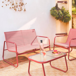 Salon de jardin terracotta NOTO acier. 4 places. un canapé. une table. deux fauteuils textilene