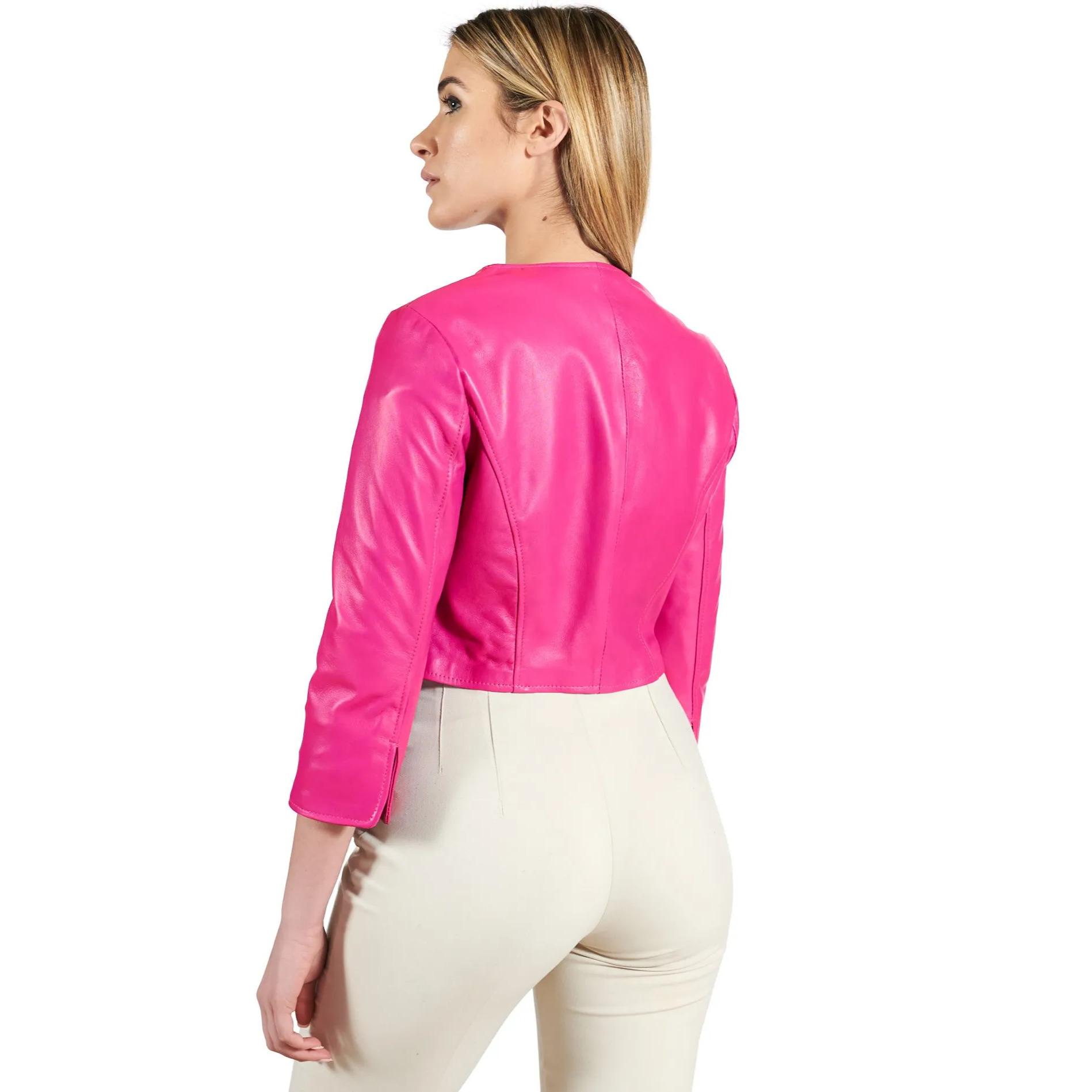 Giacca corta bolero in pelle naturale fuxia girocollo