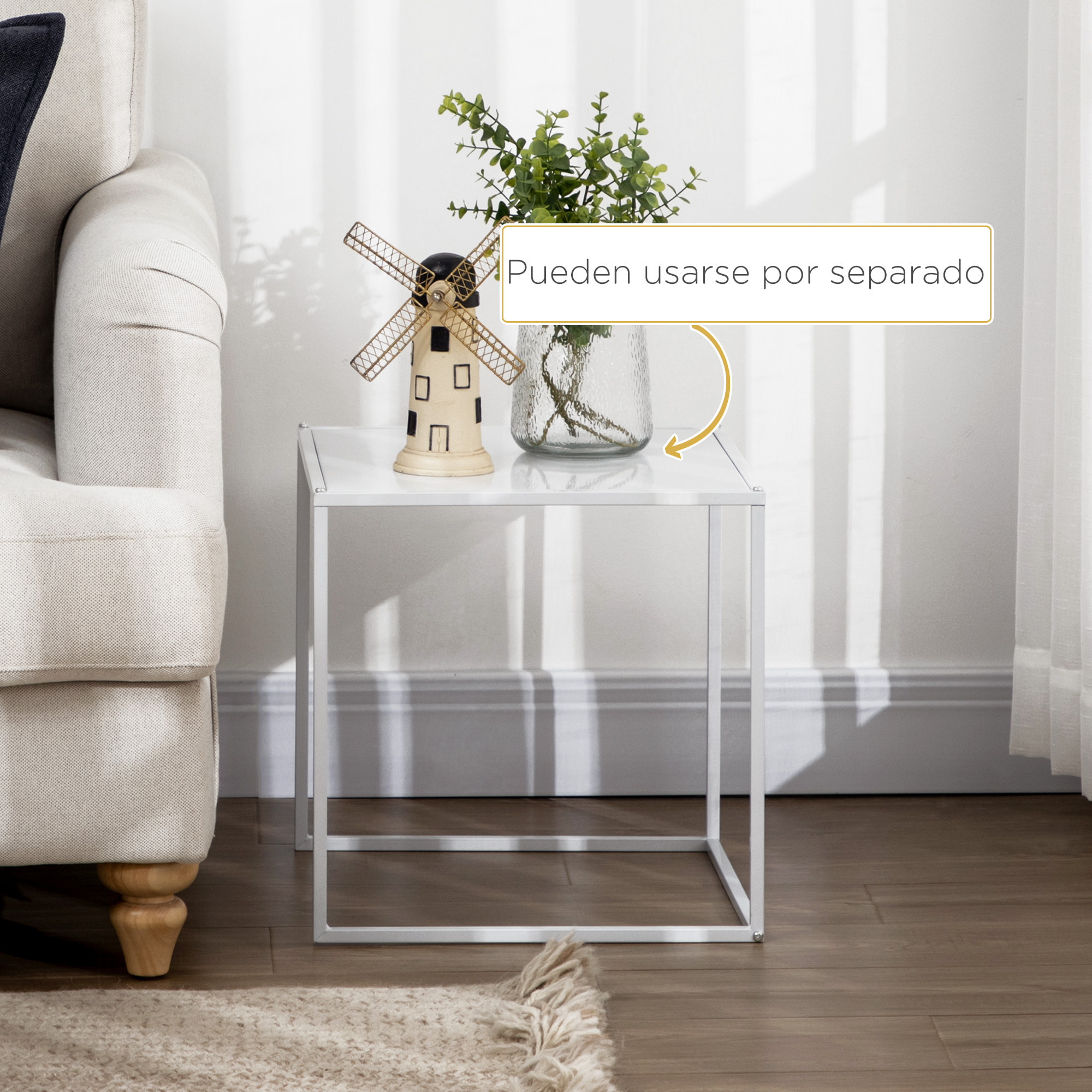 Juego de 2 Mesas Nido, Mesas de Centro para Salón Cuadradas, Material de Acero, para Dormitorio y Oficina, Grande 40 cm, Pequeña 35 cm, Blanco