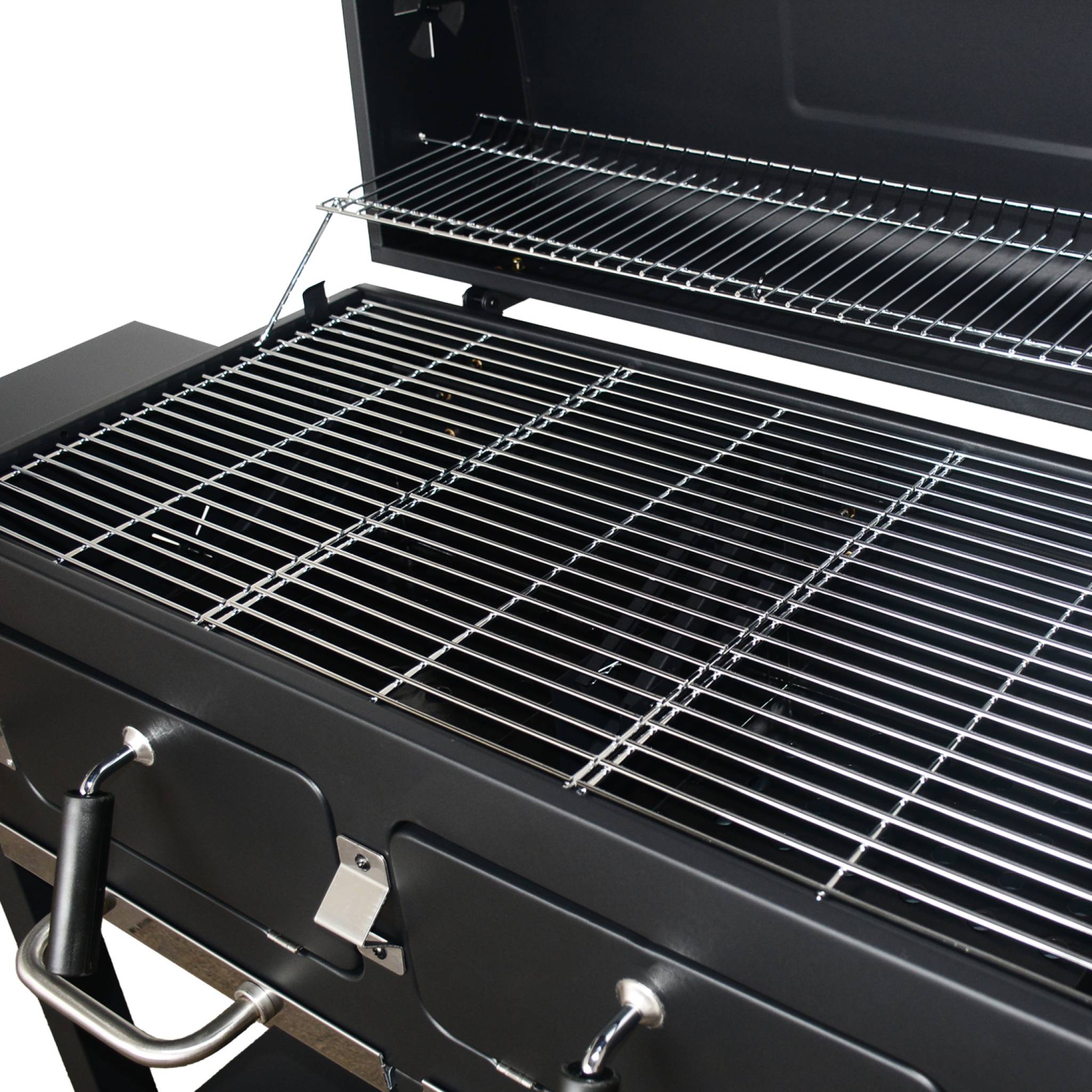 Barbecue Grill charbon de bois - Bernard XL Noir - Avec récupérateur de cendres. aérateurs. bac charbon ajustable et tablettes rabattables. L 160 x P 107.5 x H 141cm