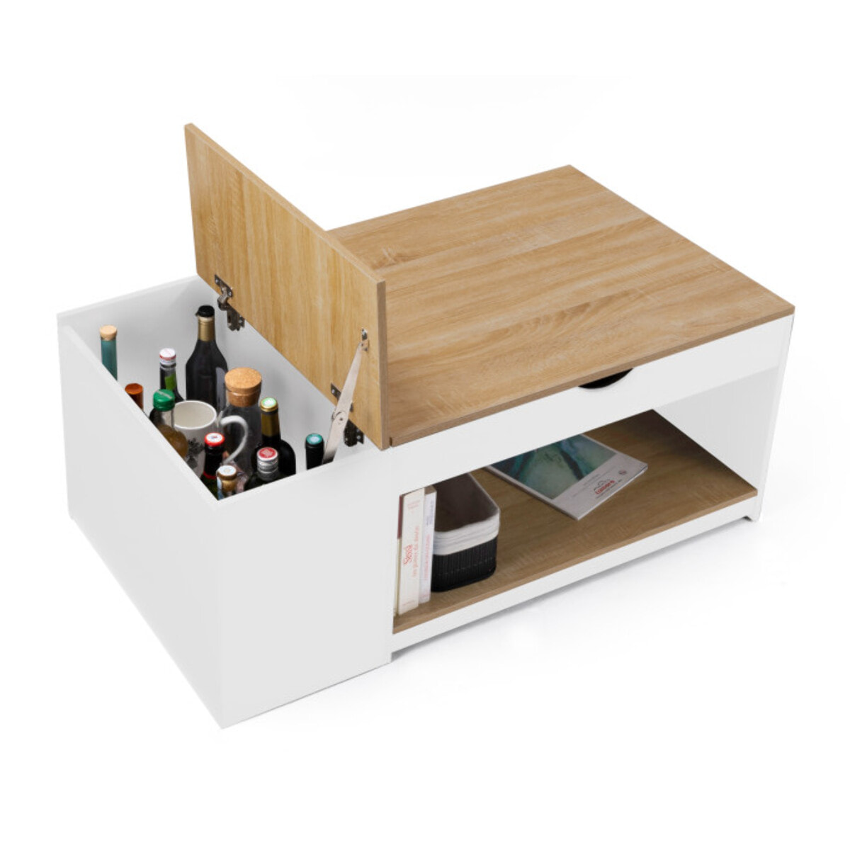 Table basse Elina relevable coffre latéral bois et blanc