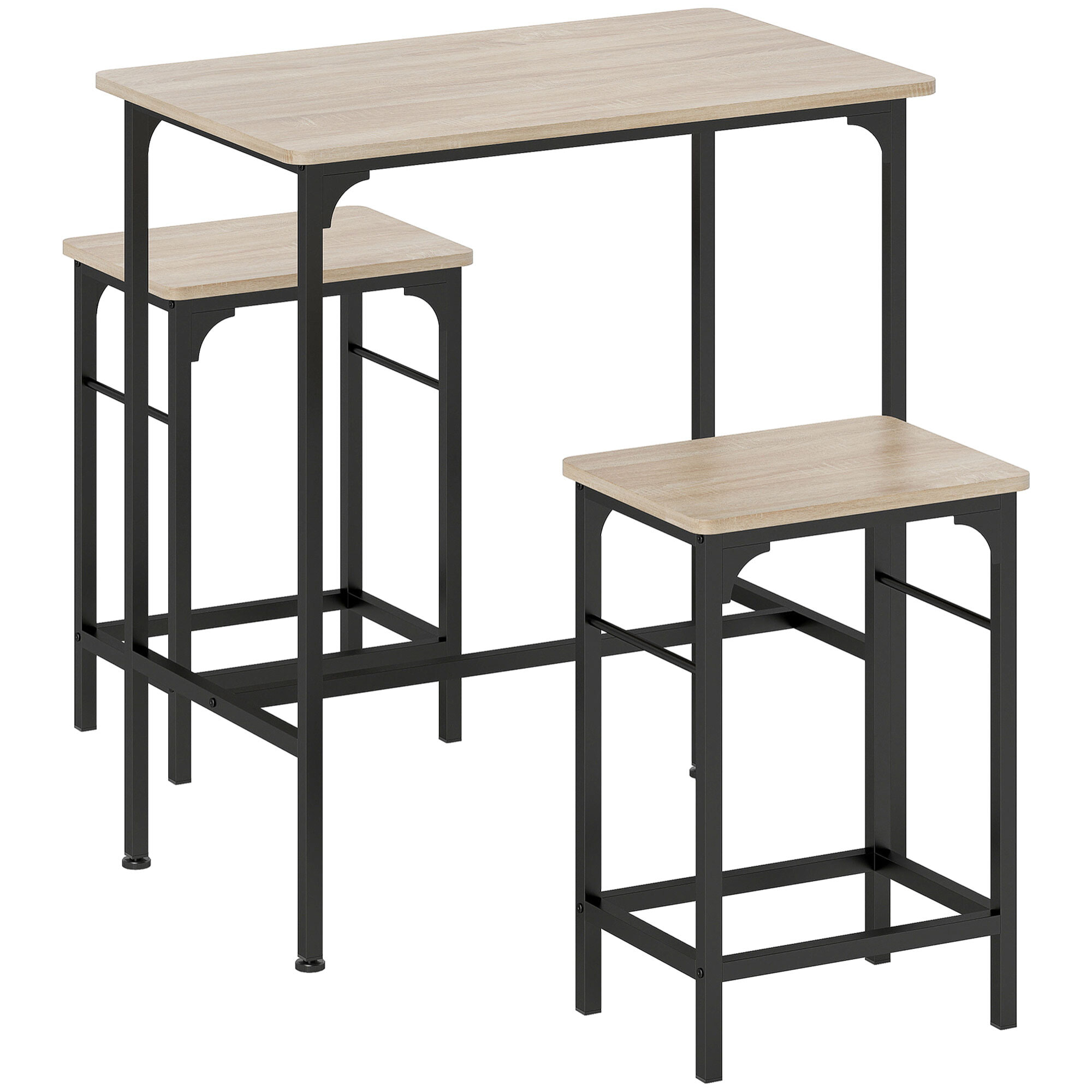 Ensemble table de bar avec 2 tabourets acier noir effet bois de chêne clair
