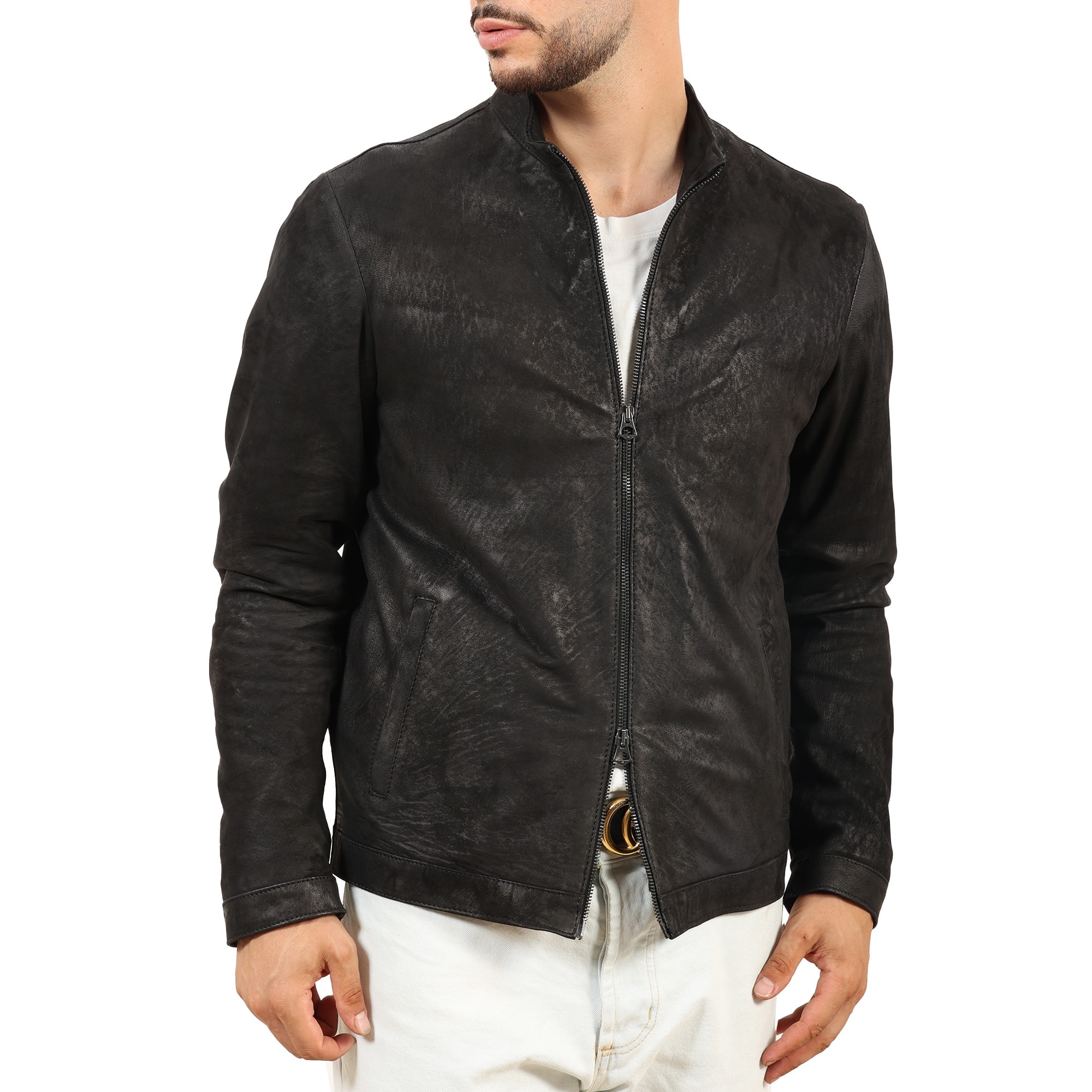 Giubbino in pelle di vitello rifinizione dakota Nero-Slim Fit