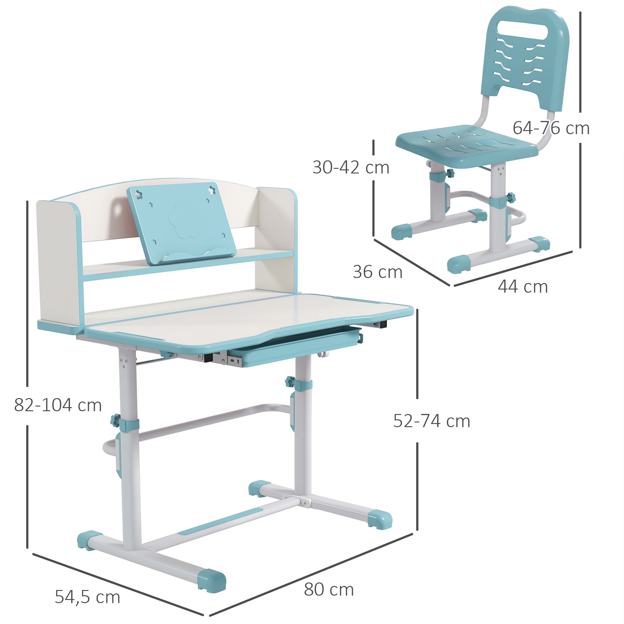 Juego de Escritorio y Silla para Niños de 6-12 Años Pupitre Infantil Altura Ajustable con 1 Cajón 1 Estante para Libros y Ángulo de Mesa Ajustable 80x54,5x82-104 cm Azul y Blanco