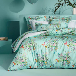 Taie d'oreiller satin de coton 115 g/m² imprimé bleu vert Le printemps azur