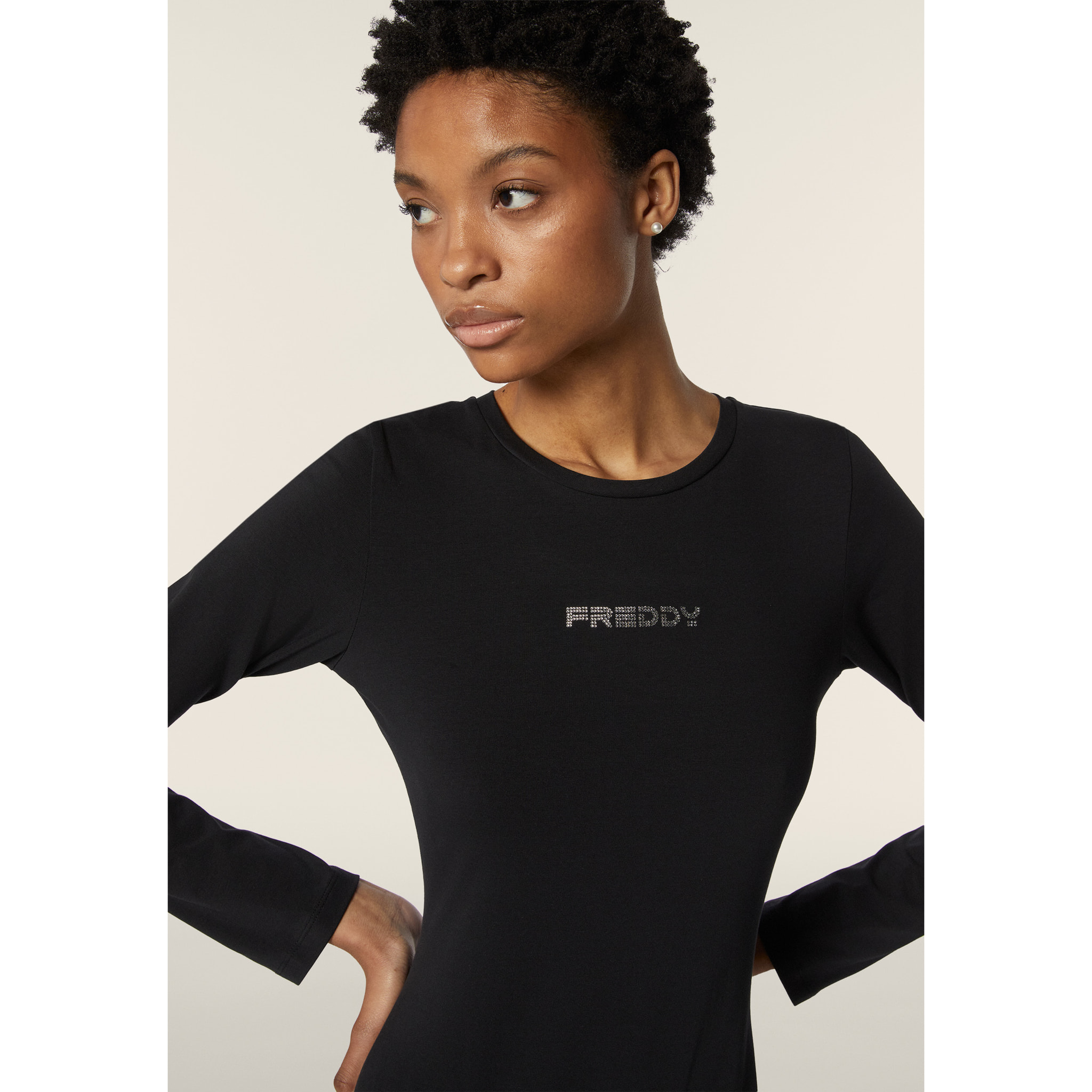 Body scollo quadrato in jersey decorato da strass