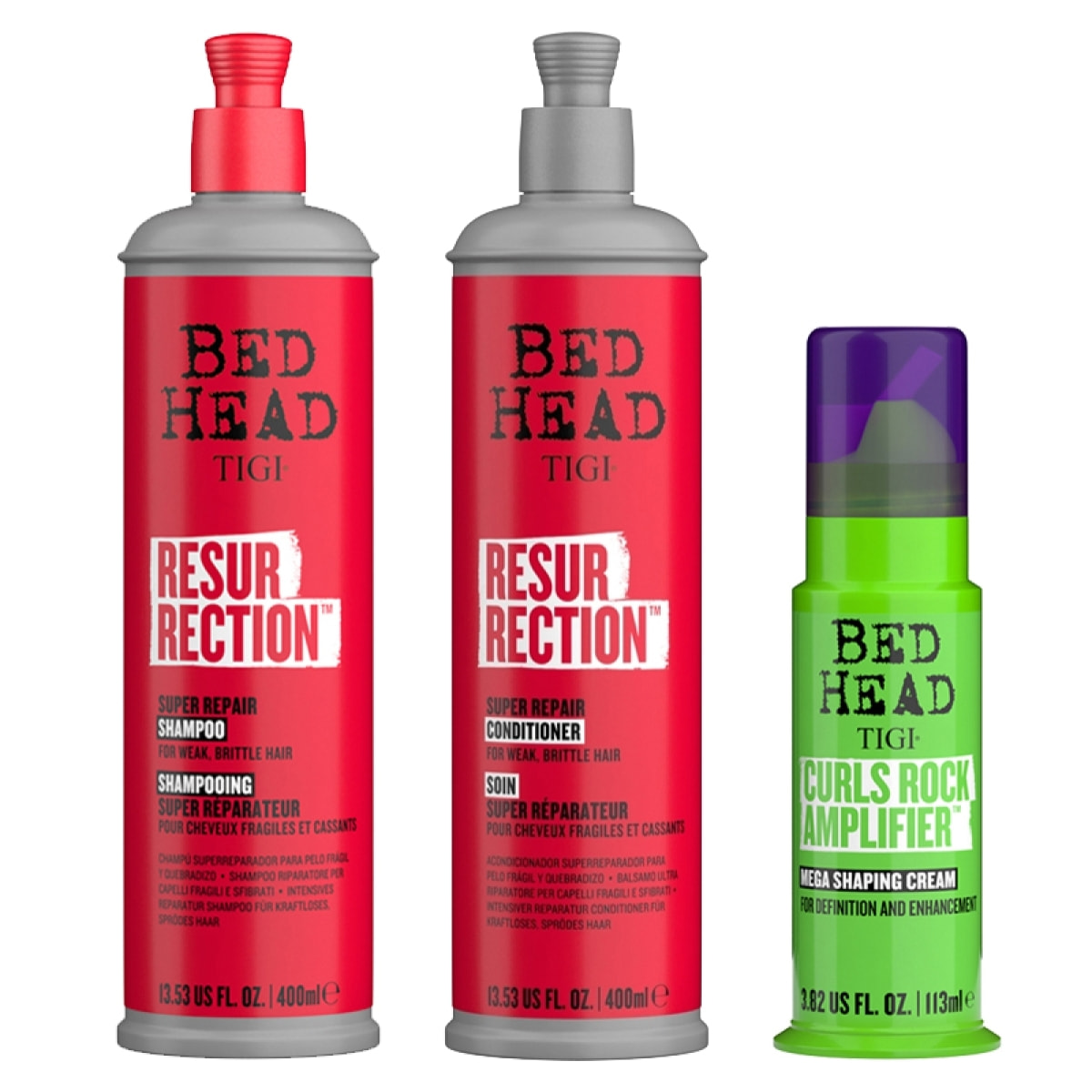 TIGI Kit Bed Head Resurrection Repair Shampoo 400ml + Conditioner 400ml + Curls Rock 113ml