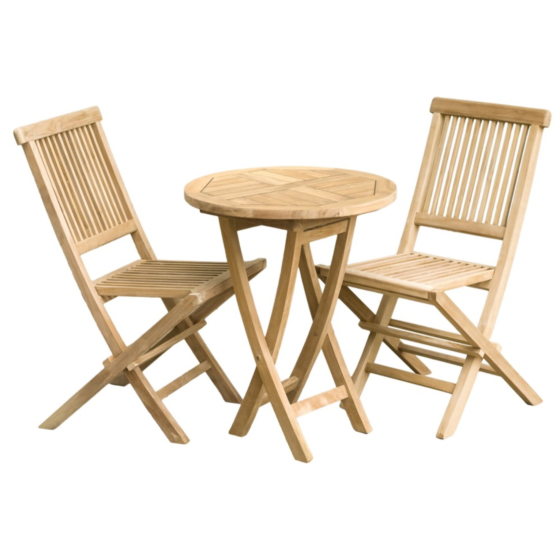 FUN - SALON DE JARDIN EN BOIS TECK 2 personnes : Ensemble de jardin - 1 Table ronde pliante 60 cm et 2 chaises