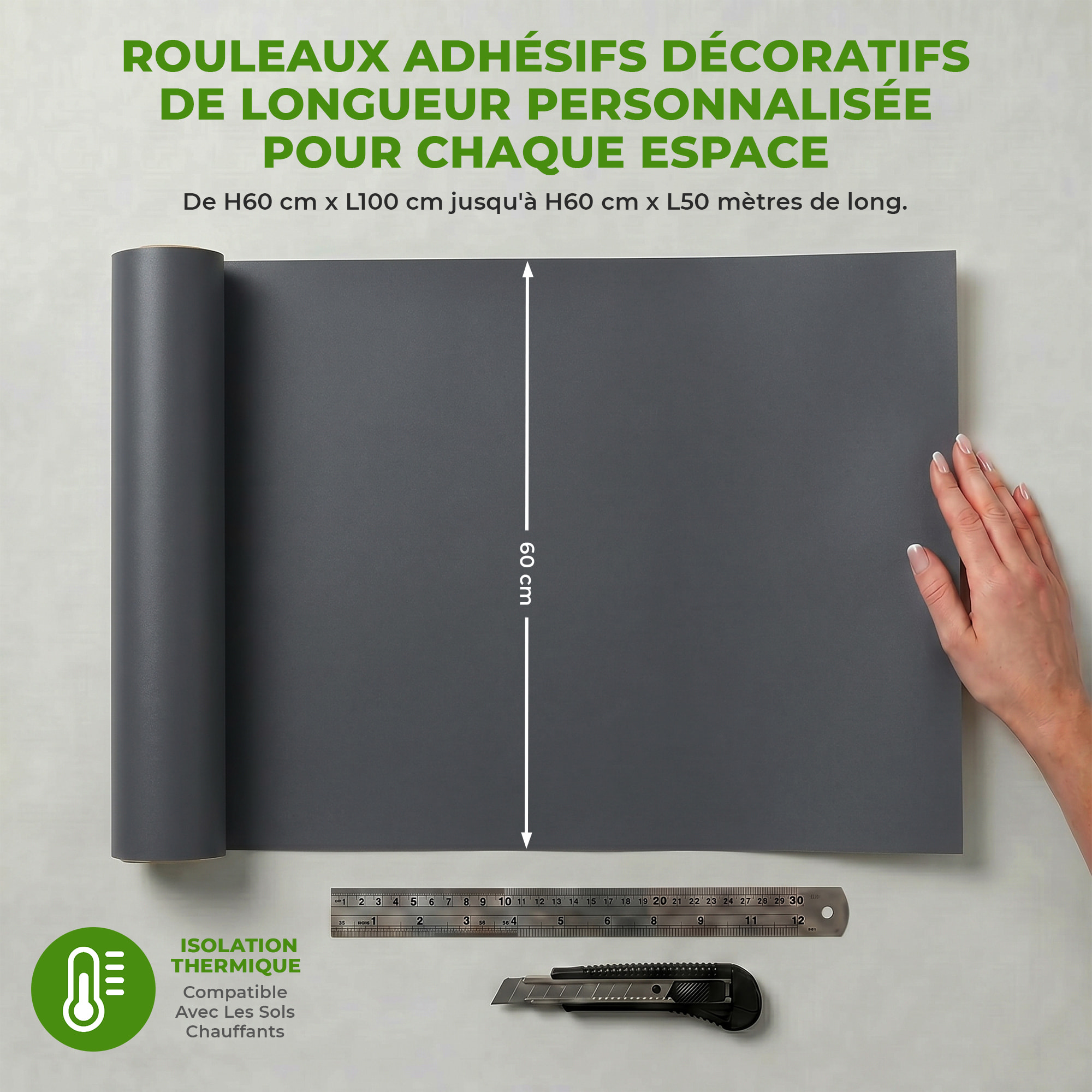 Rouleau adhésif décoratif Vinyle au Mètre - Gris tempete - Sticker Lavable Imperméable Mur Cuisine Meubles