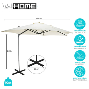 Well home - sombrilla colgante push up de ø270cm en color crema con base de acero cruzado