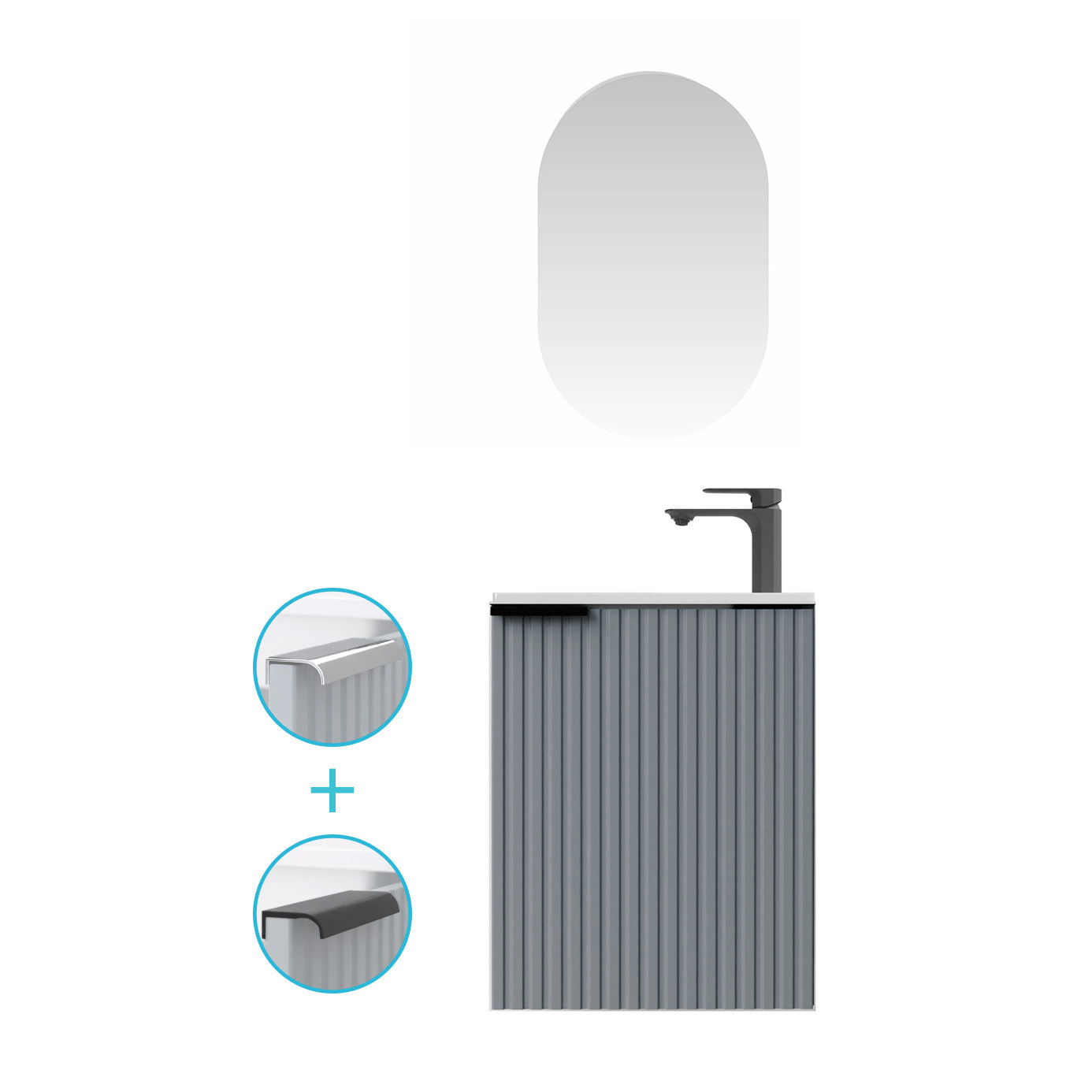 Ensemble meuble lave mains MDF ondulé gris 40x50x22cm et miroir ovale - MILO