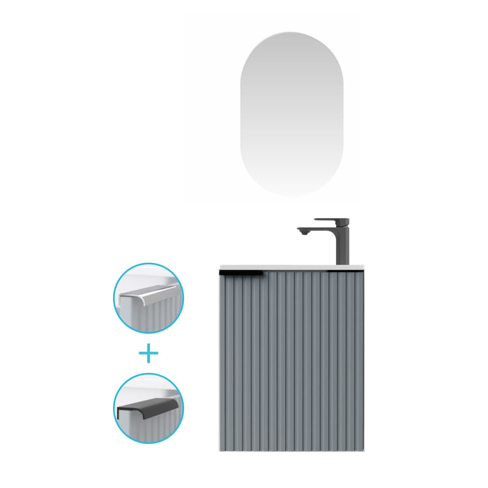 Ensemble meuble lave mains MDF ondulé gris 40x50x22cm et miroir ovale - MILO