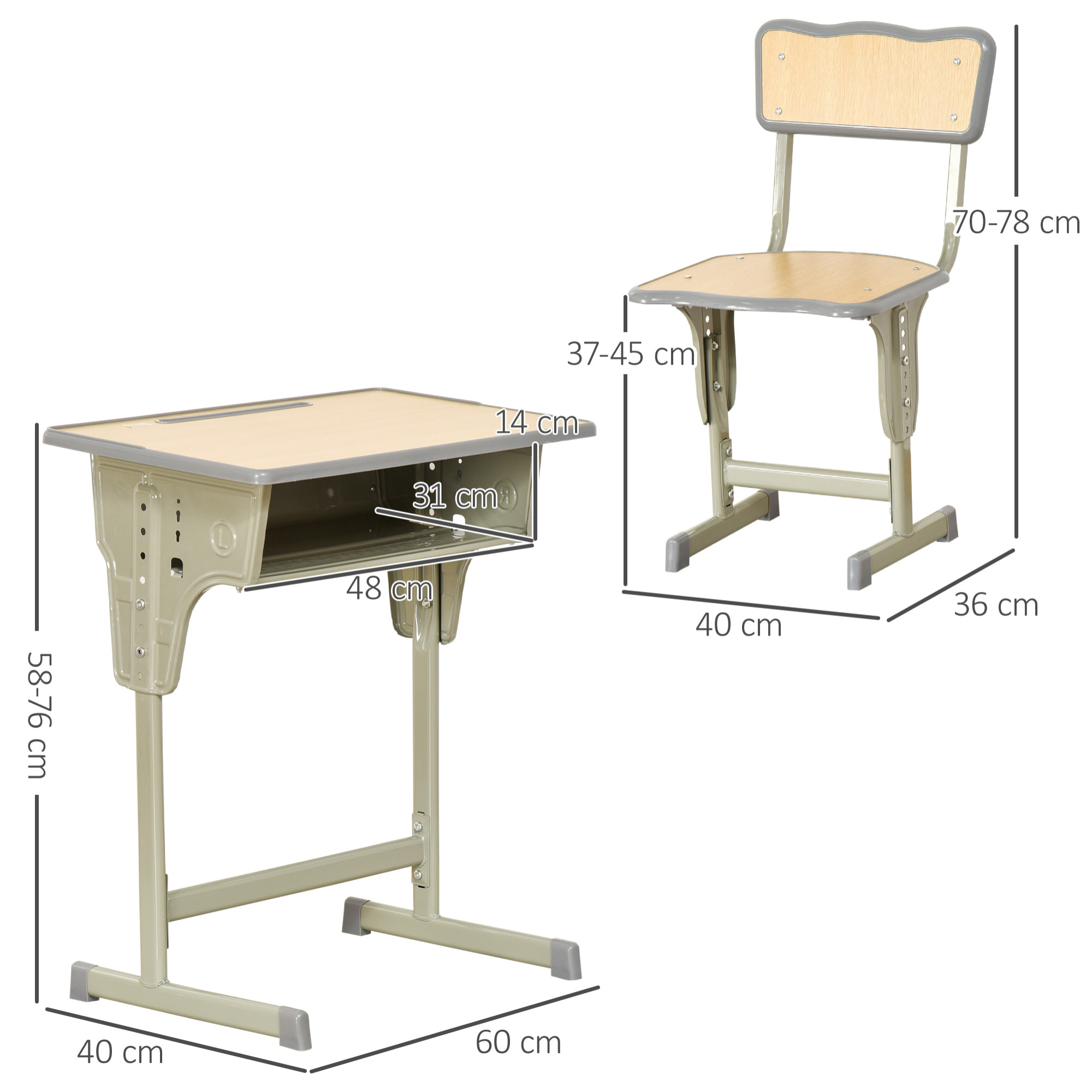 Juego de Escritorio y Silla para Niños de +6 Años Pupitre Infantil Altura Ajustable Escritorio Infantil con Cajón y Gancho Natural