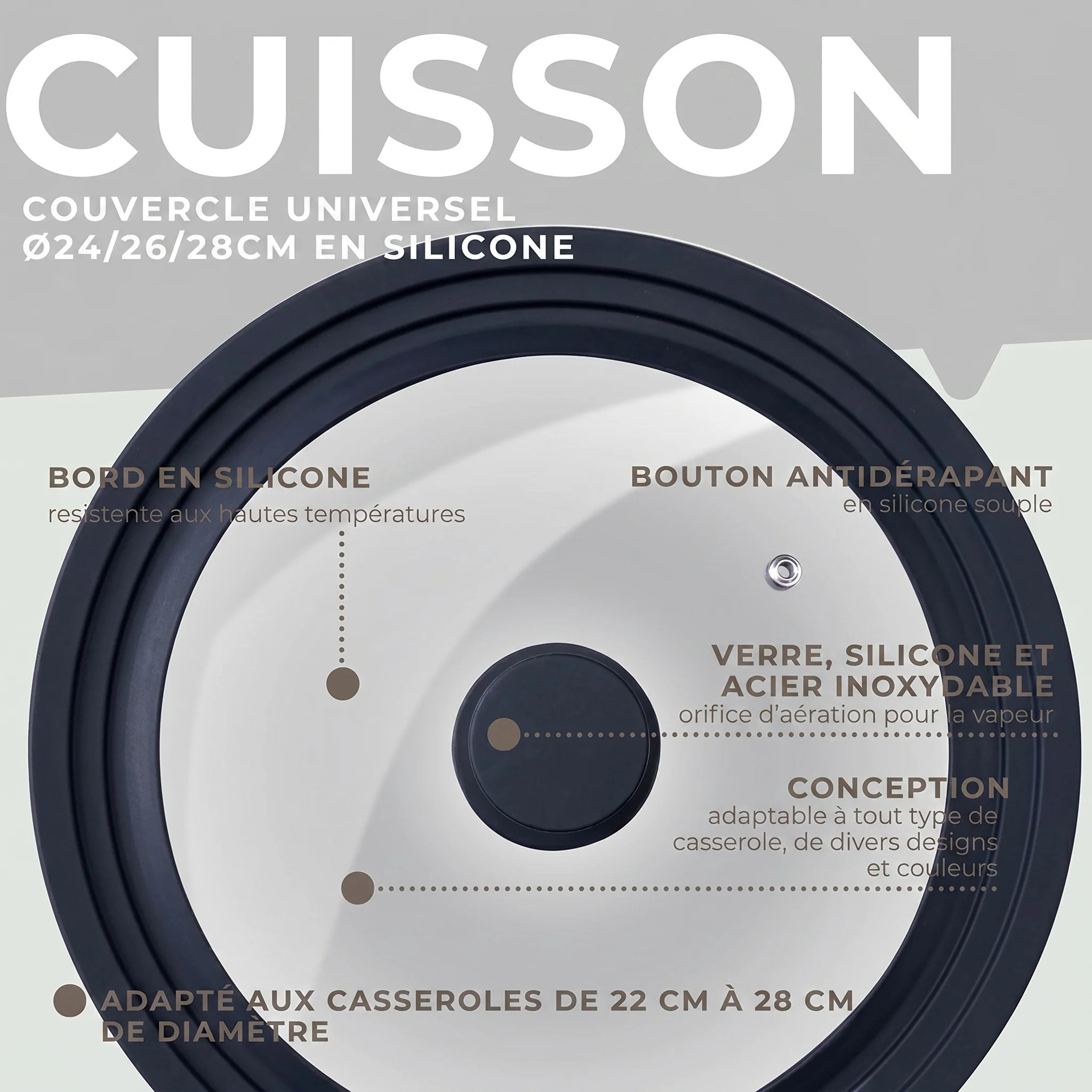 Couvercle de cuisson adaptable en verre et silicone Fackelmann
