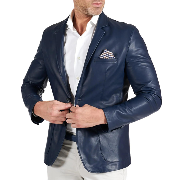 Blazer in pelle naturale blu con taschino e fazzoletto